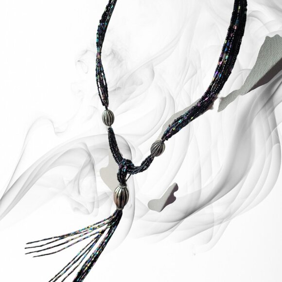 Iridescent Midnight Glamour Tassel Necklace - Beaded Multi-Strand Statement Piec - Picture 3 of 4